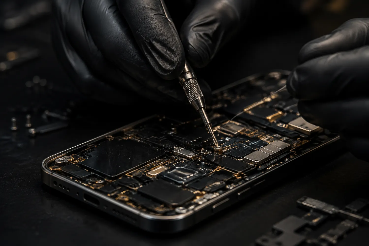 A technician in black gloves using a precision screwdriver on a smartphone's internal circuit board.